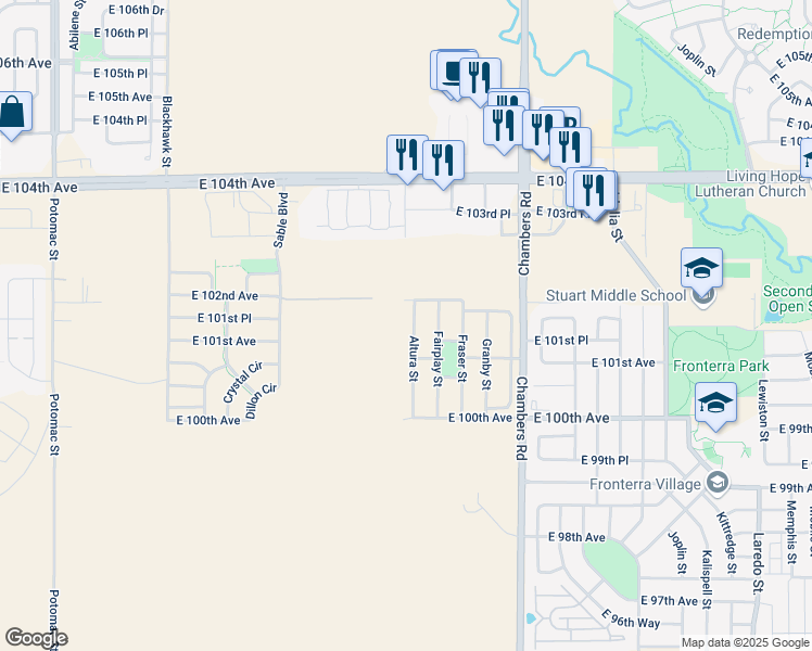 map of restaurants, bars, coffee shops, grocery stores, and more near 10131 Altura Street in Commerce City