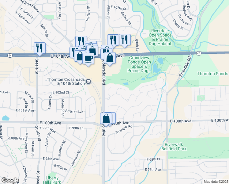 map of restaurants, bars, coffee shops, grocery stores, and more near Arrowhead Pass Rd in Thornton