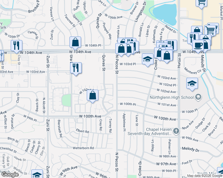 map of restaurants, bars, coffee shops, grocery stores, and more near 10123 North Pecos Street in Northglenn