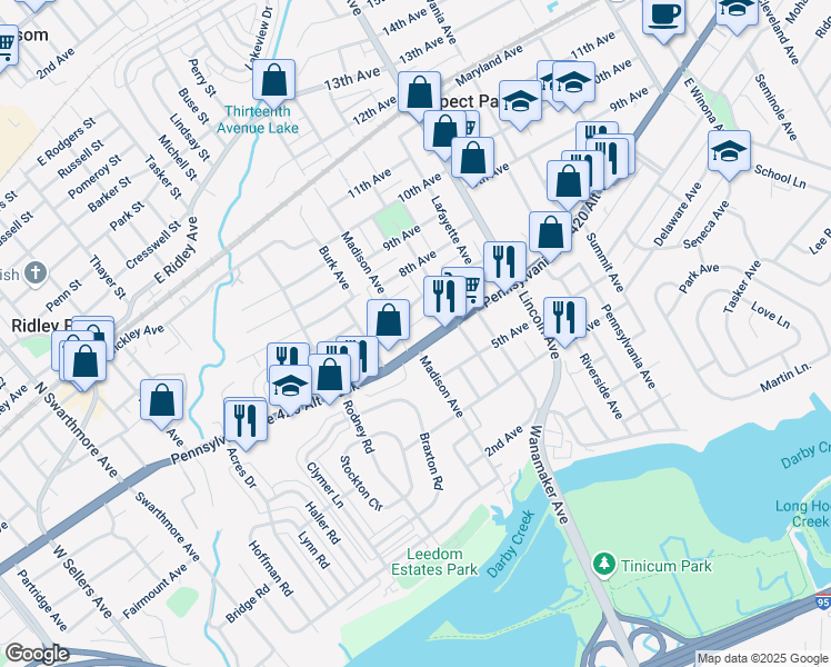 map of restaurants, bars, coffee shops, grocery stores, and more near 615 East Chester Pike in Ridley Park
