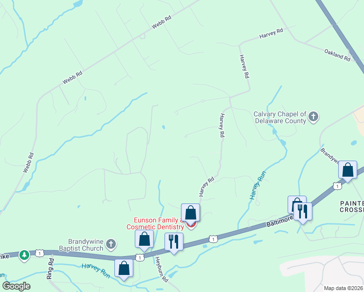 map of restaurants, bars, coffee shops, grocery stores, and more near 8 Spring Lane in Chadds Ford