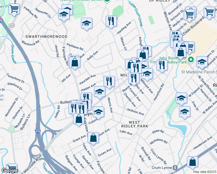 map of restaurants, bars, coffee shops, grocery stores, and more near 326 Morris Avenue in Woodlyn