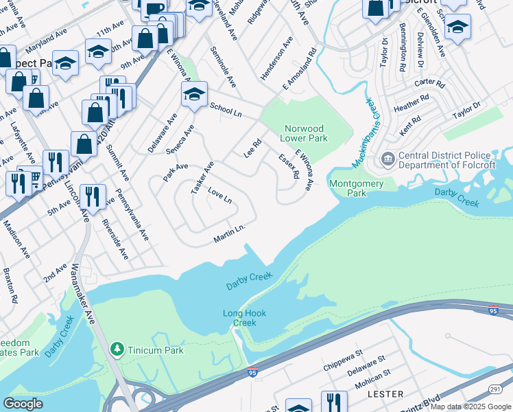 map of restaurants, bars, coffee shops, grocery stores, and more near 59 Martin Lane in Norwood