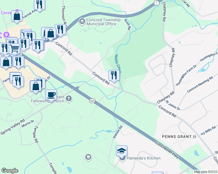 map of restaurants, bars, coffee shops, grocery stores, and more near 722 Concord Road in Glen Mills
