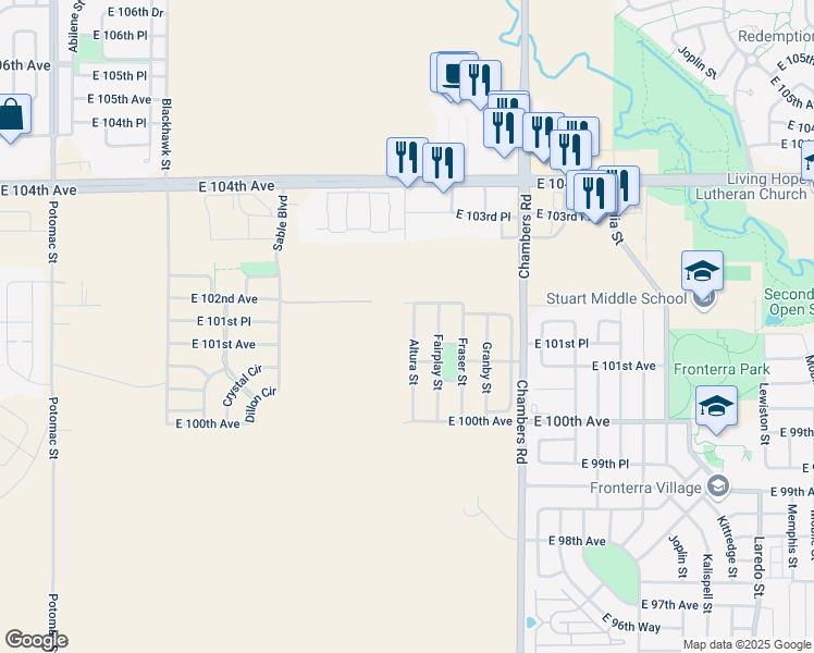 map of restaurants, bars, coffee shops, grocery stores, and more near 10131 Altura Street in Commerce City