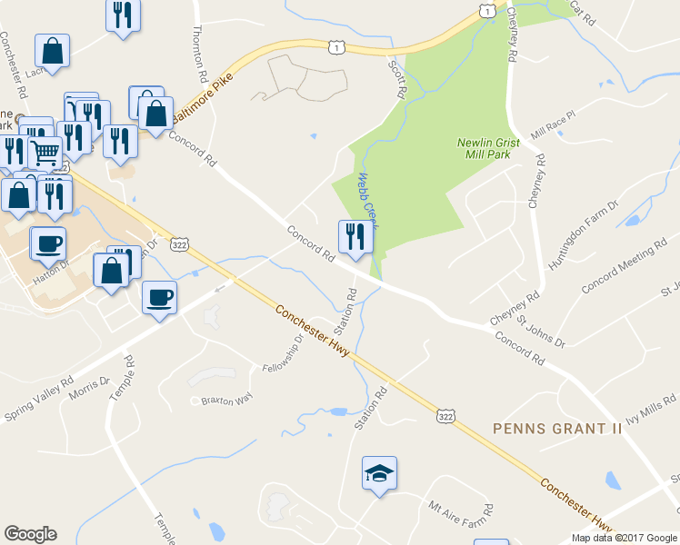 map of restaurants, bars, coffee shops, grocery stores, and more near 722 Concord Road in Glen Mills