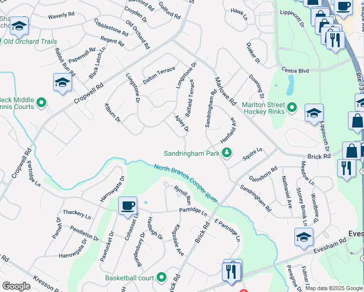 map of restaurants, bars, coffee shops, grocery stores, and more near 209 Henfield Avenue in Cherry Hill Township