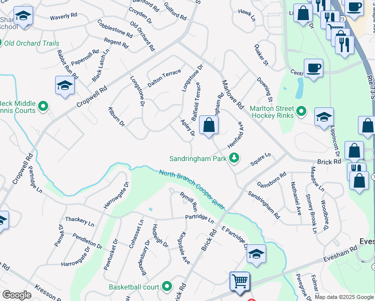 map of restaurants, bars, coffee shops, grocery stores, and more near 209 Henfield Avenue in Cherry Hill Township