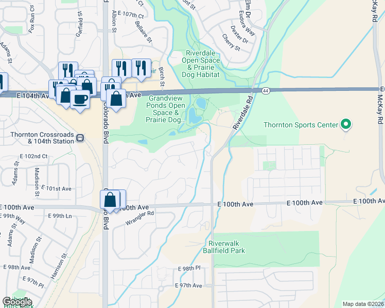 map of restaurants, bars, coffee shops, grocery stores, and more near 174 Antelope Trail in Thornton