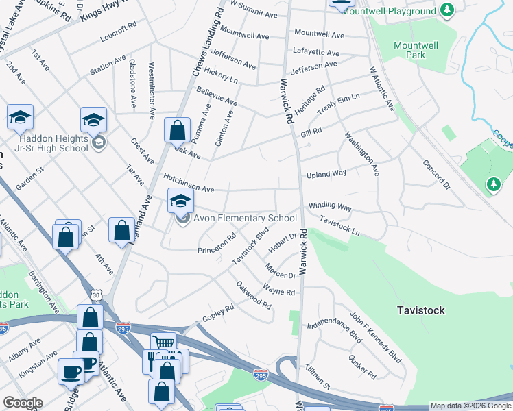 map of restaurants, bars, coffee shops, grocery stores, and more near 418 Peltoma Road in Haddonfield