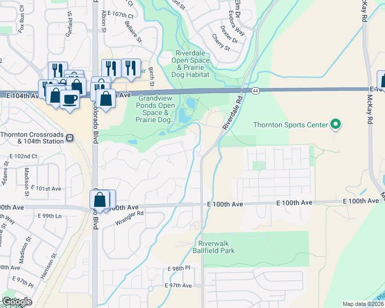 map of restaurants, bars, coffee shops, grocery stores, and more near 174 Antelope Trail in Thornton
