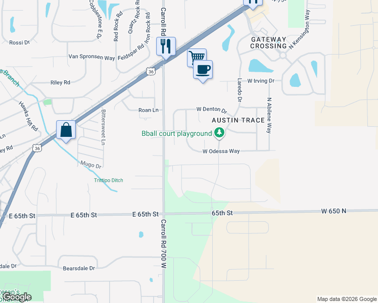 map of restaurants, bars, coffee shops, grocery stores, and more near 6851 West Odessa Way in McCordsville