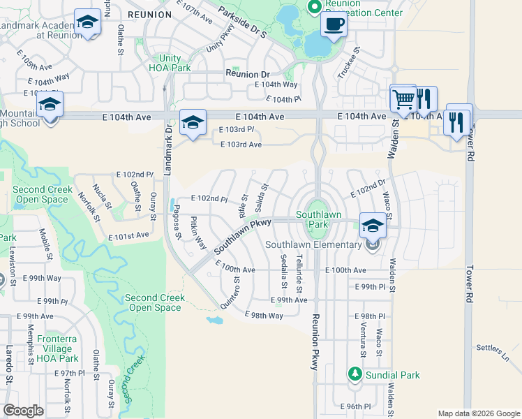 map of restaurants, bars, coffee shops, grocery stores, and more near 10125 Sedalia Street in Commerce City