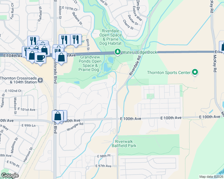 map of restaurants, bars, coffee shops, grocery stores, and more near 174 Antelope Trail in Thornton