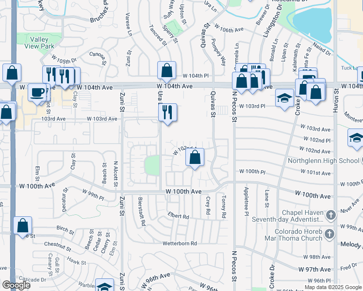 map of restaurants, bars, coffee shops, grocery stores, and more near 1916 West 102nd Avenue in Thornton