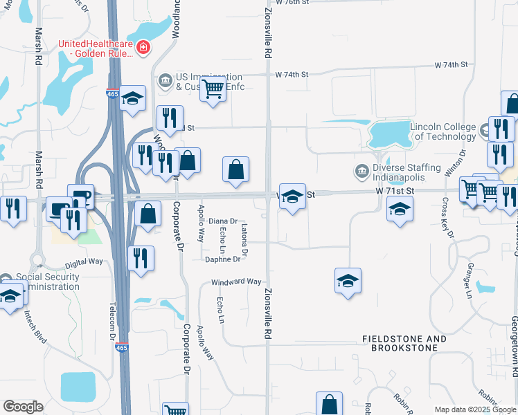 map of restaurants, bars, coffee shops, grocery stores, and more near 6938 Zionsville Road in Indianapolis