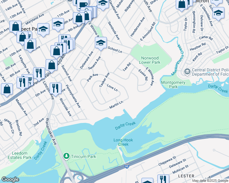 map of restaurants, bars, coffee shops, grocery stores, and more near 18 Love Lane in Norwood