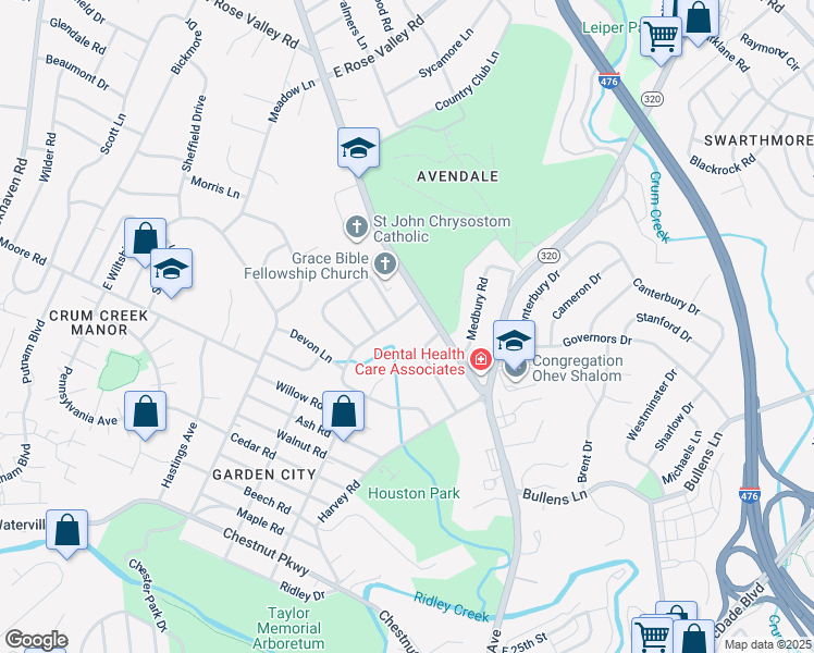 map of restaurants, bars, coffee shops, grocery stores, and more near 4 Waterford Way in Delaware County