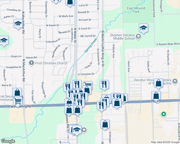 map of restaurants, bars, coffee shops, grocery stores, and more near 307 East Christine Drive in Decatur