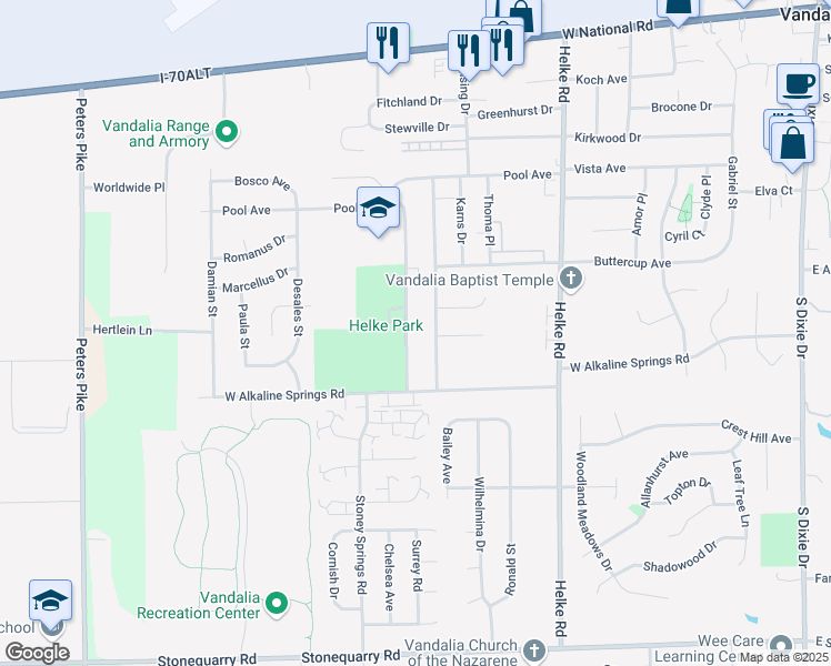 map of restaurants, bars, coffee shops, grocery stores, and more near 854 Randler Avenue in Vandalia