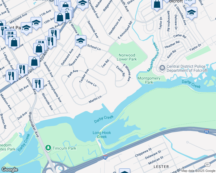 map of restaurants, bars, coffee shops, grocery stores, and more near 59 Martin Lane in Norwood