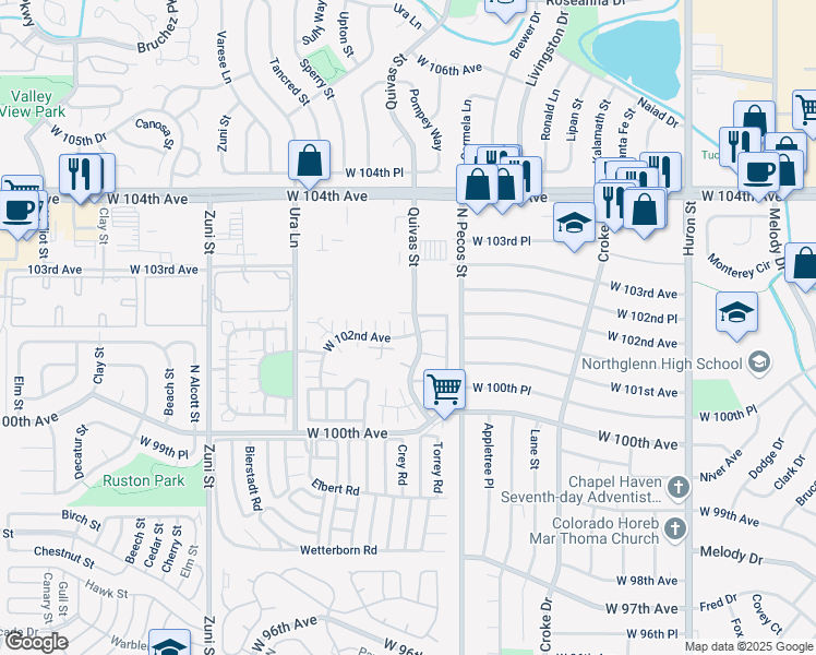 map of restaurants, bars, coffee shops, grocery stores, and more near 1708 West 102nd Avenue in Thornton