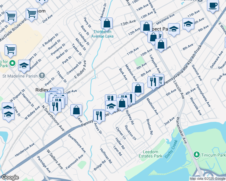 map of restaurants, bars, coffee shops, grocery stores, and more near 300 Hinkson Boulevard in Ridley Park