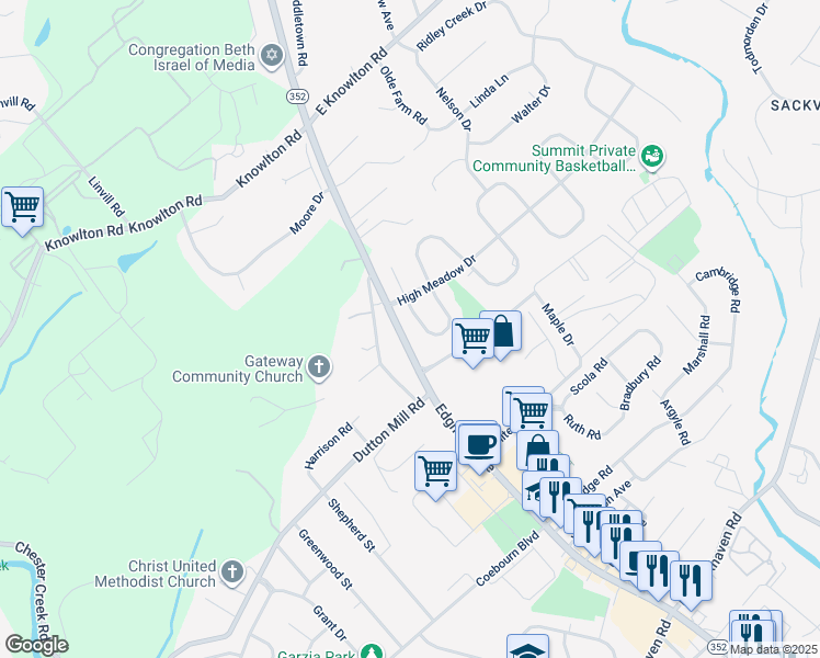 map of restaurants, bars, coffee shops, grocery stores, and more near 8 Meadowbrook Lane in Media