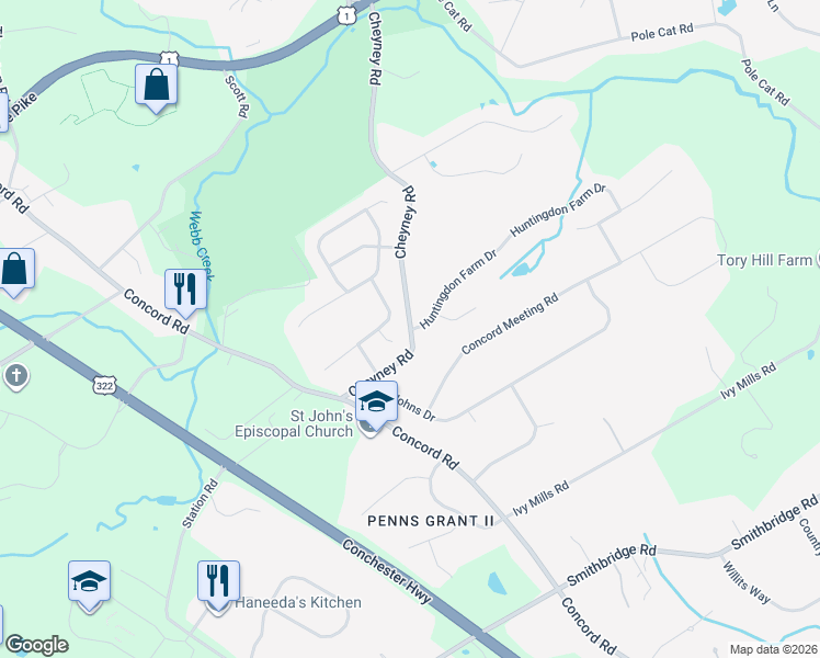 map of restaurants, bars, coffee shops, grocery stores, and more near 47 Cheyney Road in Glen Mills