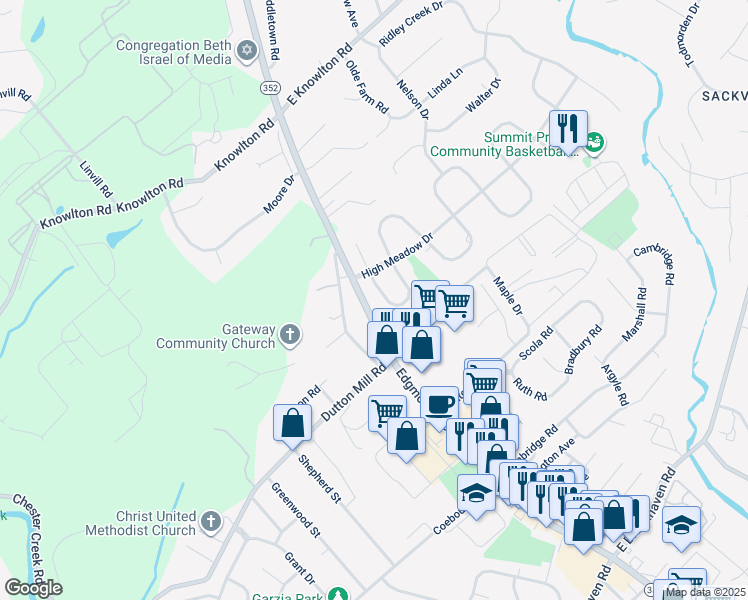 map of restaurants, bars, coffee shops, grocery stores, and more near 8 Meadowbrook Lane in Media