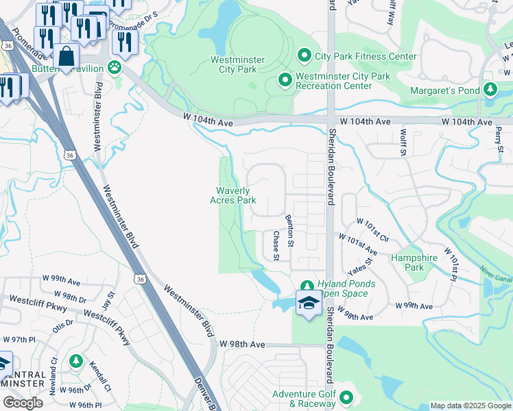 map of restaurants, bars, coffee shops, grocery stores, and more near 10081 Eaton Street in Broomfield