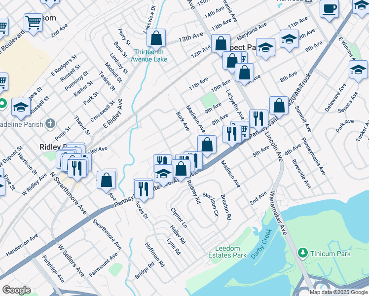 map of restaurants, bars, coffee shops, grocery stores, and more near 509 Comerford Avenue in Ridley Park