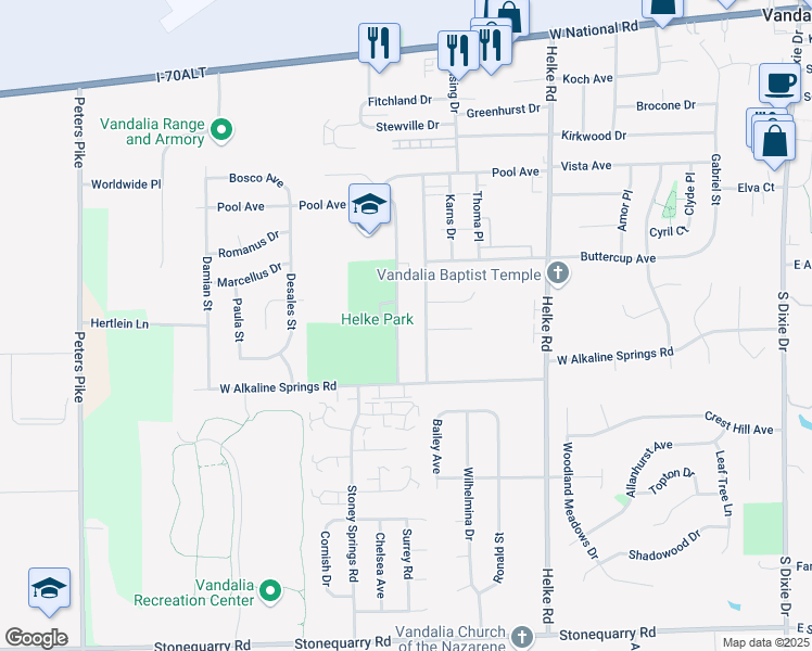 map of restaurants, bars, coffee shops, grocery stores, and more near 840 Randler Avenue in Vandalia