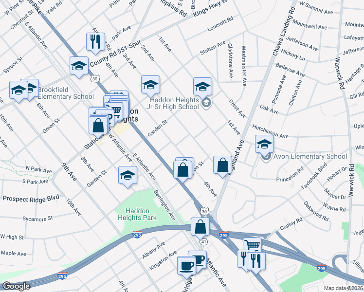 map of restaurants, bars, coffee shops, grocery stores, and more near 412 4th Avenue in Haddon Heights