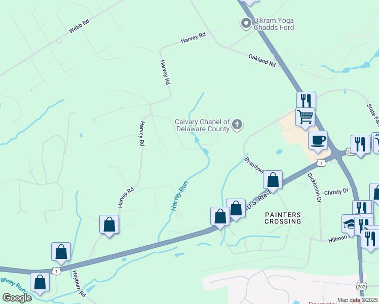 map of restaurants, bars, coffee shops, grocery stores, and more near 111 Harvey Lane in Chadds Ford