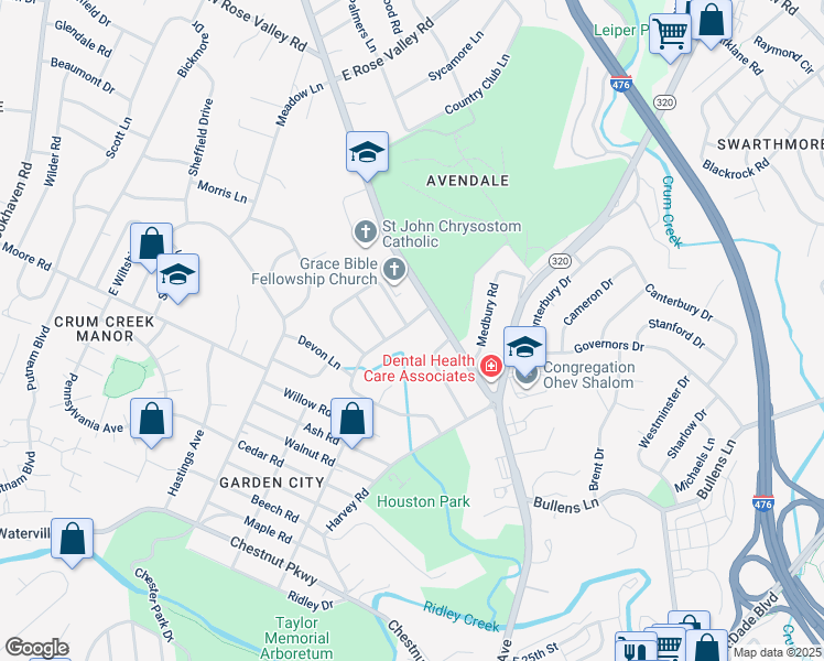 map of restaurants, bars, coffee shops, grocery stores, and more near 4 Waterford Way in Delaware County