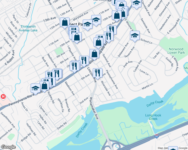 map of restaurants, bars, coffee shops, grocery stores, and more near 415 Lincoln Avenue in Prospect Park