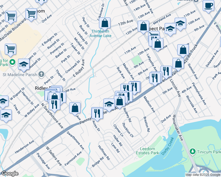 map of restaurants, bars, coffee shops, grocery stores, and more near 300 Hinkson Boulevard in Ridley Park