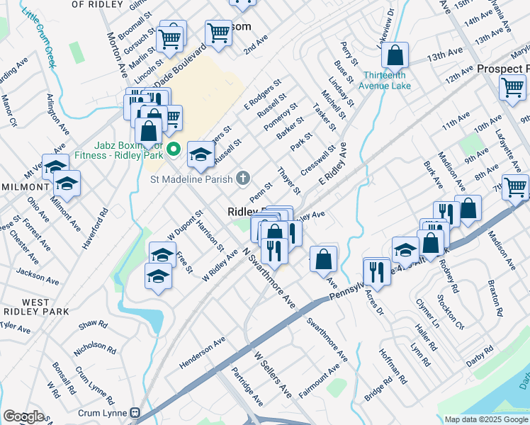map of restaurants, bars, coffee shops, grocery stores, and more near in Ridley Park