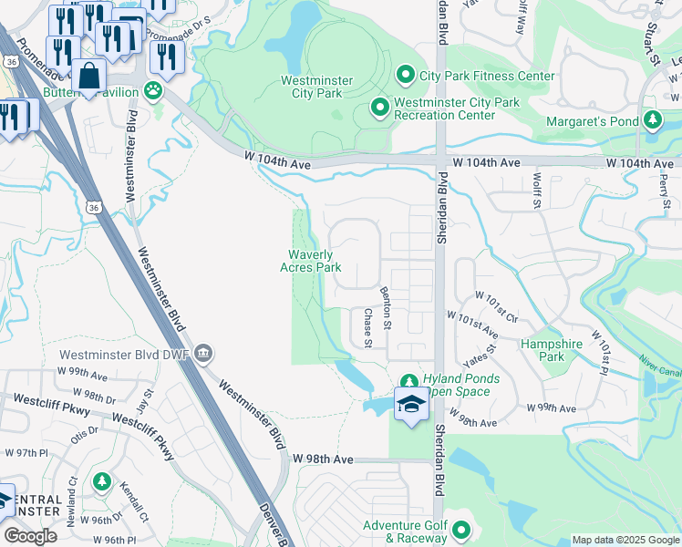 map of restaurants, bars, coffee shops, grocery stores, and more near 10081 Eaton Street in Broomfield