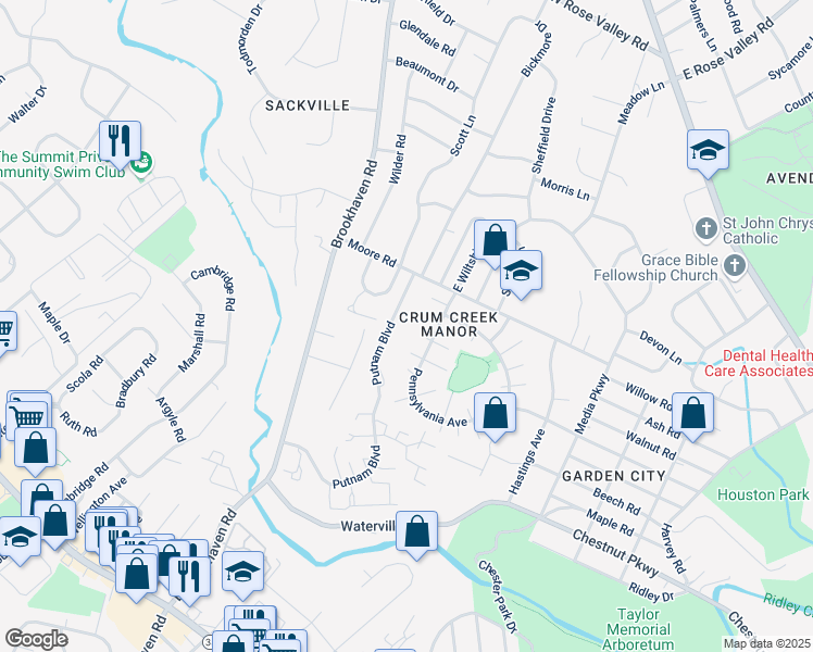 map of restaurants, bars, coffee shops, grocery stores, and more near 804A Putnam Boulevard in Nether Providence Township