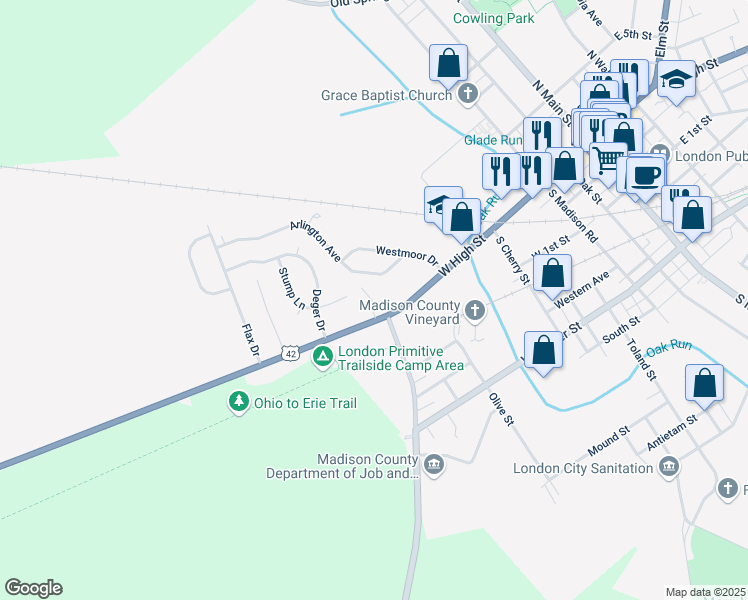 map of restaurants, bars, coffee shops, grocery stores, and more near 255 West High Street in London