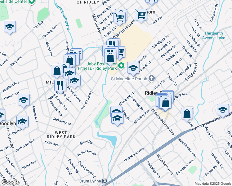 map of restaurants, bars, coffee shops, grocery stores, and more near 200 West Rodgers Street in Ridley Park