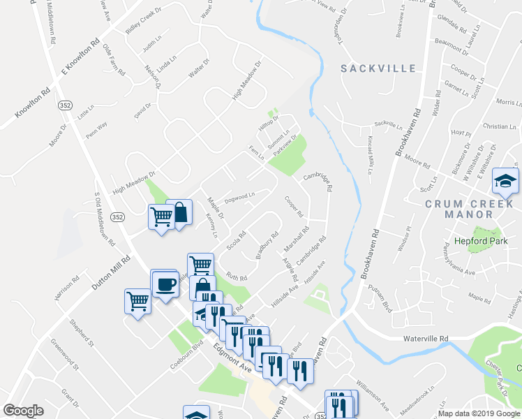 map of restaurants, bars, coffee shops, grocery stores, and more near 312 Scola Road in Brookhaven