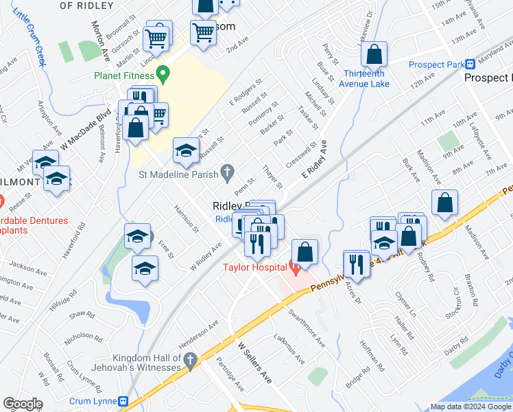 map of restaurants, bars, coffee shops, grocery stores, and more near 310 Morton Avenue in Ridley Park