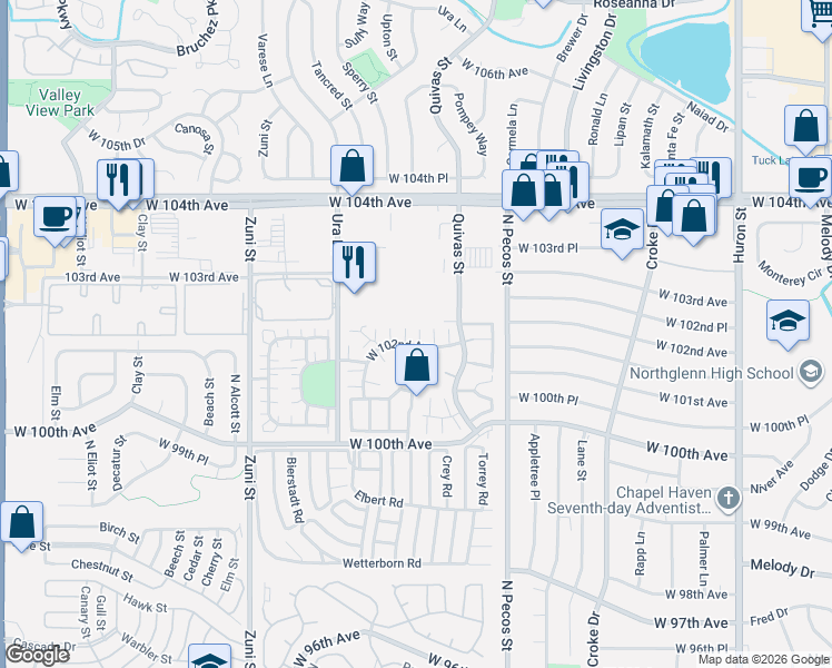 map of restaurants, bars, coffee shops, grocery stores, and more near 1818 West 102nd Avenue in Thornton