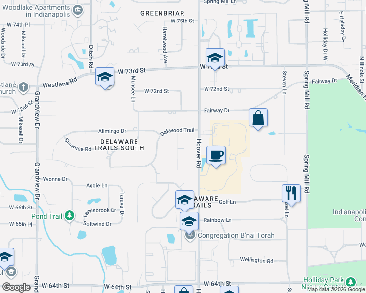 map of restaurants, bars, coffee shops, grocery stores, and more near 6906 Mohawk Lane in Indianapolis