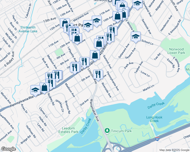 map of restaurants, bars, coffee shops, grocery stores, and more near 415 Lincoln Avenue in Prospect Park
