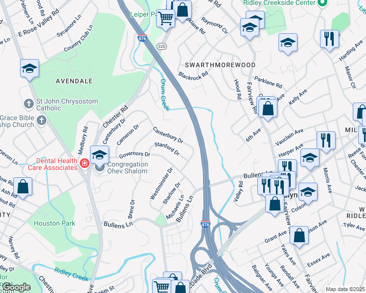 map of restaurants, bars, coffee shops, grocery stores, and more near 236 Canterbury Drive in Nether Providence Township
