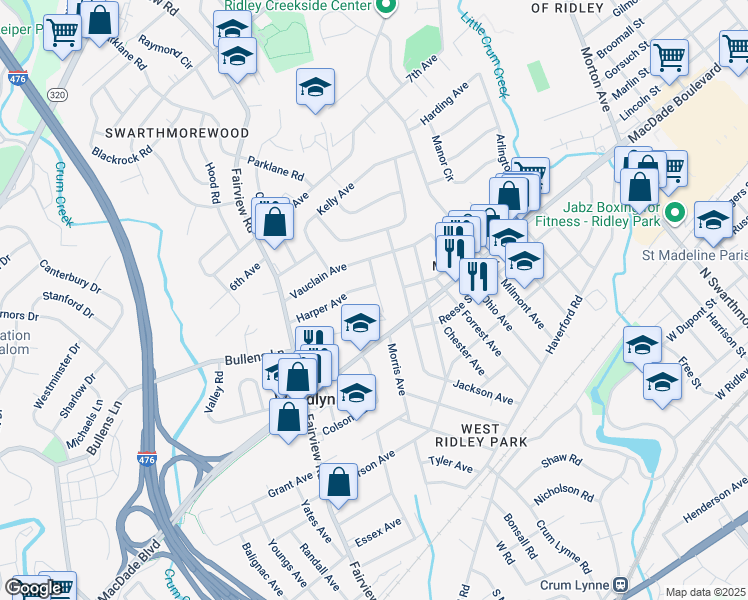 map of restaurants, bars, coffee shops, grocery stores, and more near 337 Morris Avenue in Woodlyn